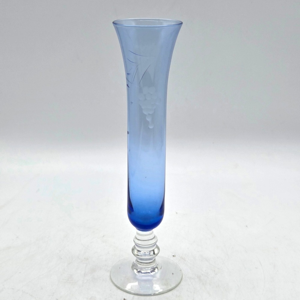 VINTAGE Cobalt Blue Glass Footed Vase Etched Grapes Delicate ~7.5" tall